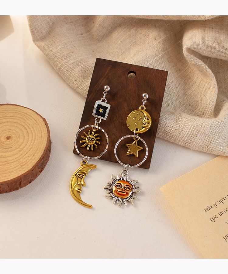 Clip-On / Sun Moon Asymmetrical Drop Earring