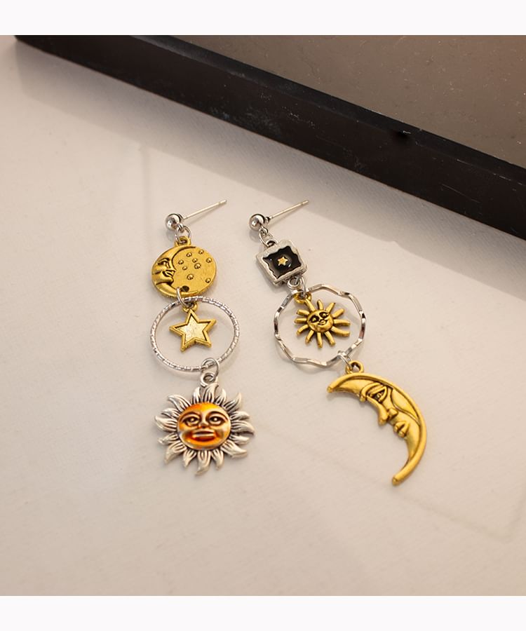 Clip-On / Sun Moon Asymmetrical Drop Earring