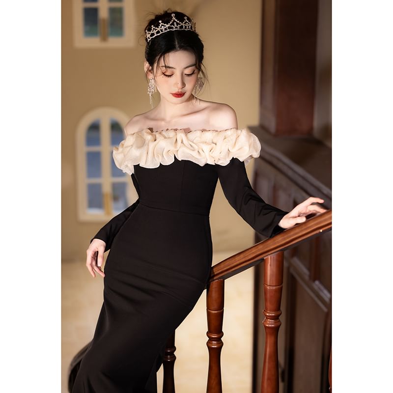 Off Two Mermaid Tone Ruffle Long-Sleeve Shoulder Evening Gown Trim