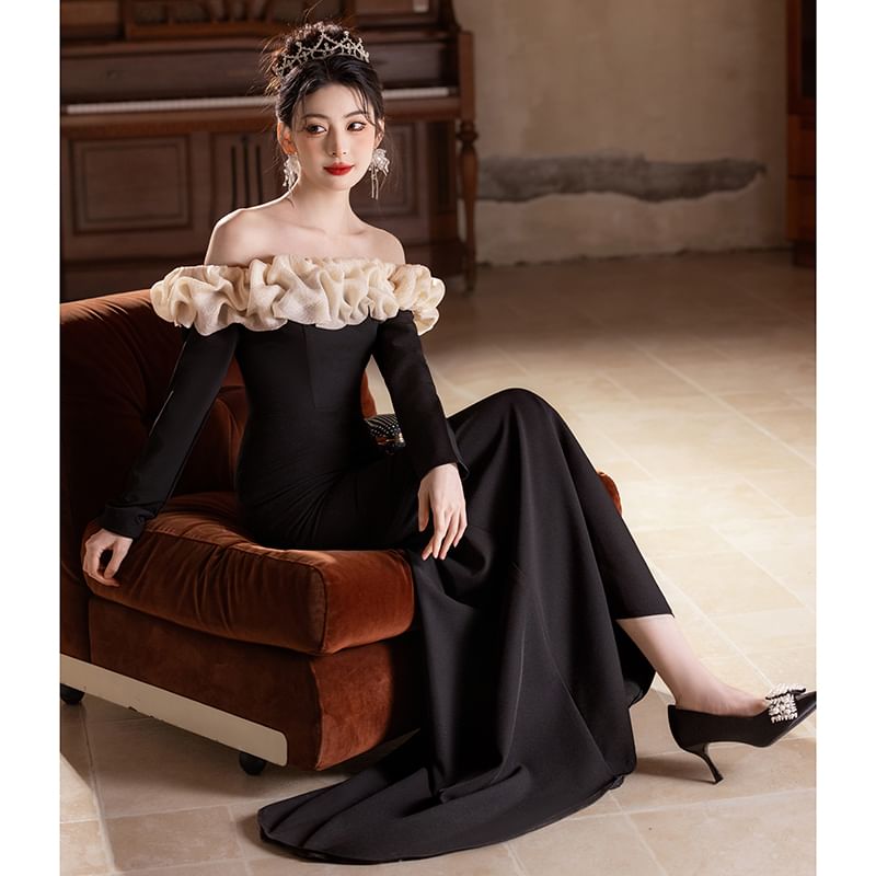 Off Two Mermaid Tone Ruffle Long-Sleeve Shoulder Evening Gown Trim
