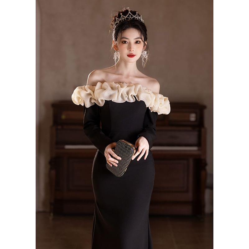 Off Two Mermaid Tone Ruffle Long-Sleeve Shoulder Evening Gown Trim