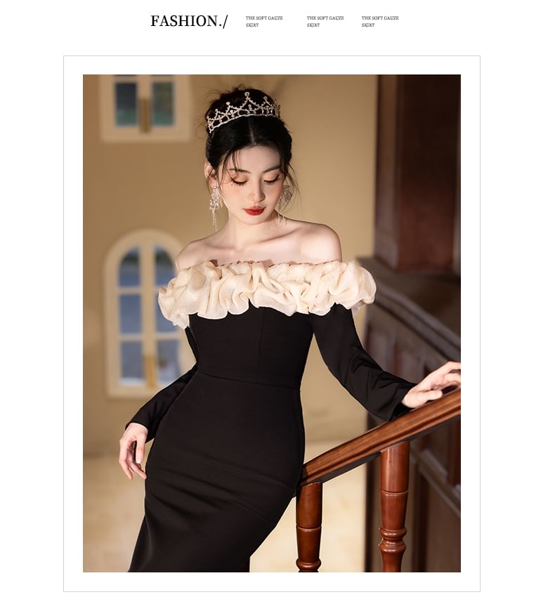 Off Two Mermaid Tone Ruffle Long-Sleeve Shoulder Evening Gown Trim