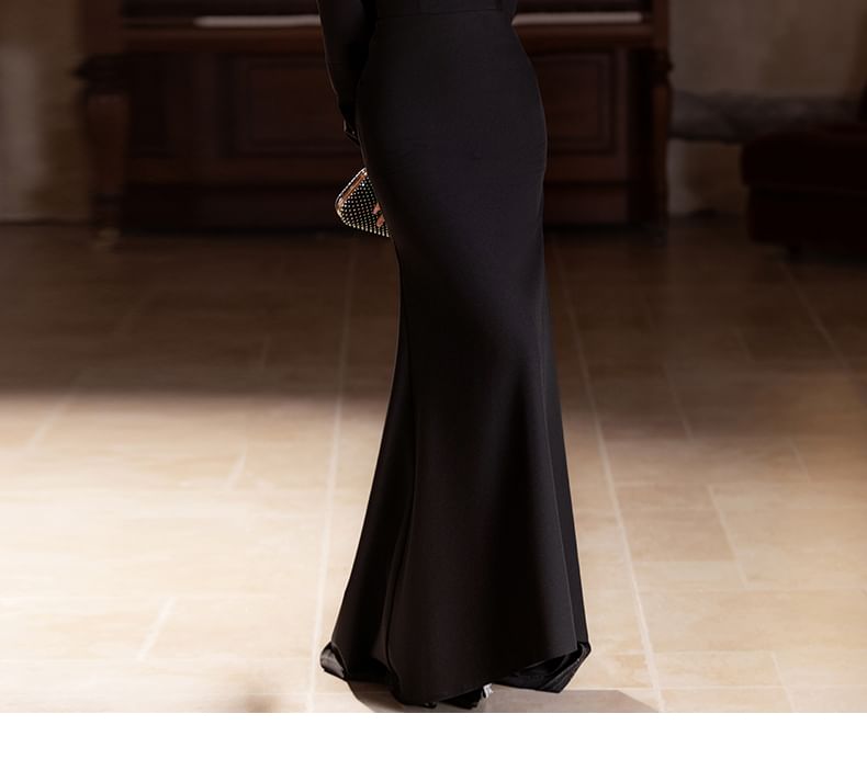 Long-Sleeve Off Shoulder Ruffle Trim Two Tone Mermaid Evening Gown