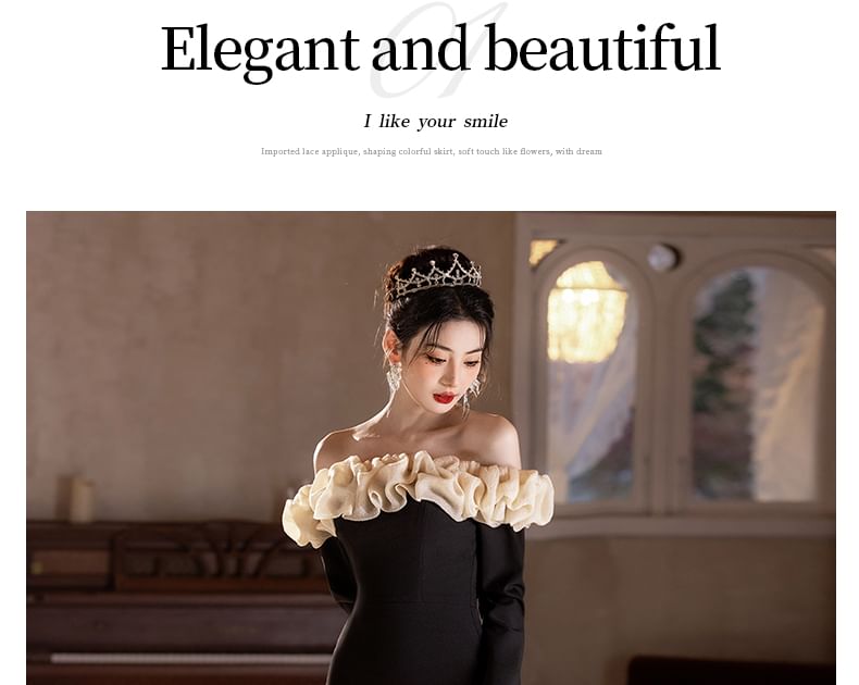 Long-Sleeve Off Shoulder Ruffle Trim Two Tone Mermaid Evening Gown