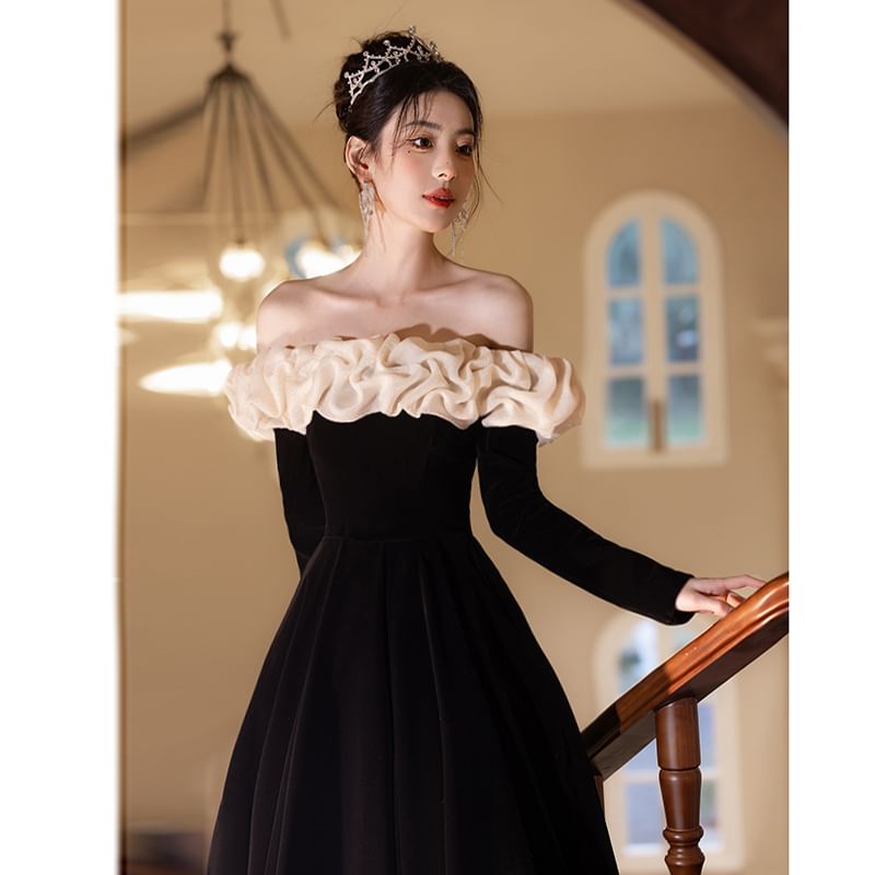 Long-Sleeve Off Shoulder Ruffle Trim Two Tone A-Line Evening Gown