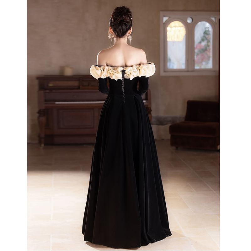 Long-Sleeve Off Shoulder Ruffle Trim Two Tone A-Line Evening Gown