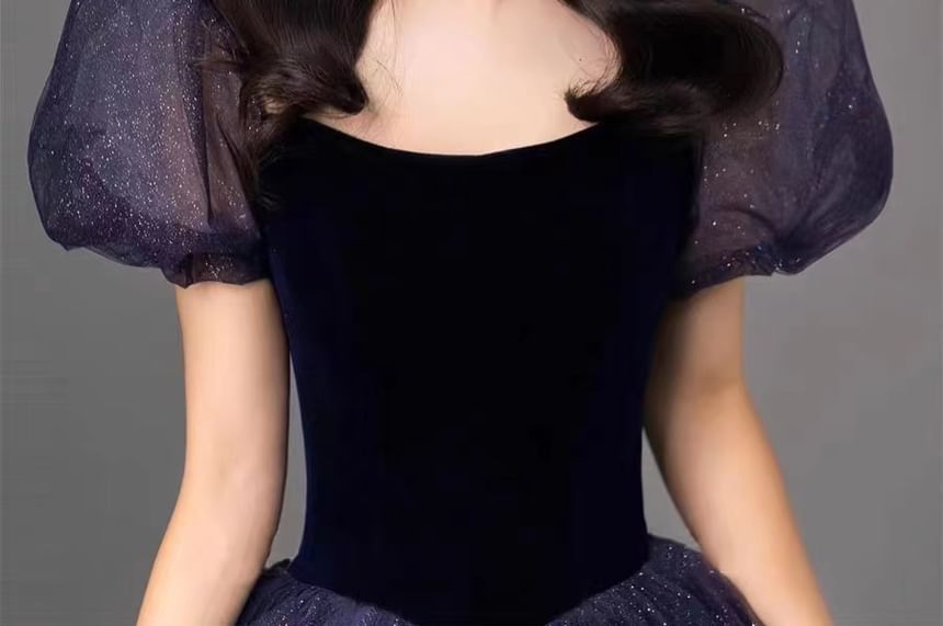 Two Glitter Short Ball Evening Neck Gown Sleeve Tone Scoop