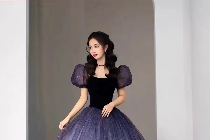 Two Glitter Short Ball Evening Neck Gown Sleeve Tone Scoop