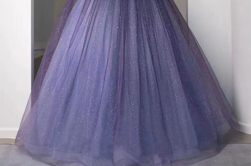 Short Sleeve Scoop Neck Glitter Two Tone Evening Ball Gown