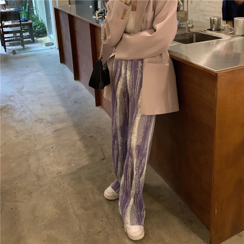 Wide Leg Rise High Patterned Pants Pleated Print