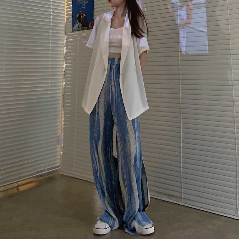 Wide Leg Rise High Patterned Pants Pleated Print