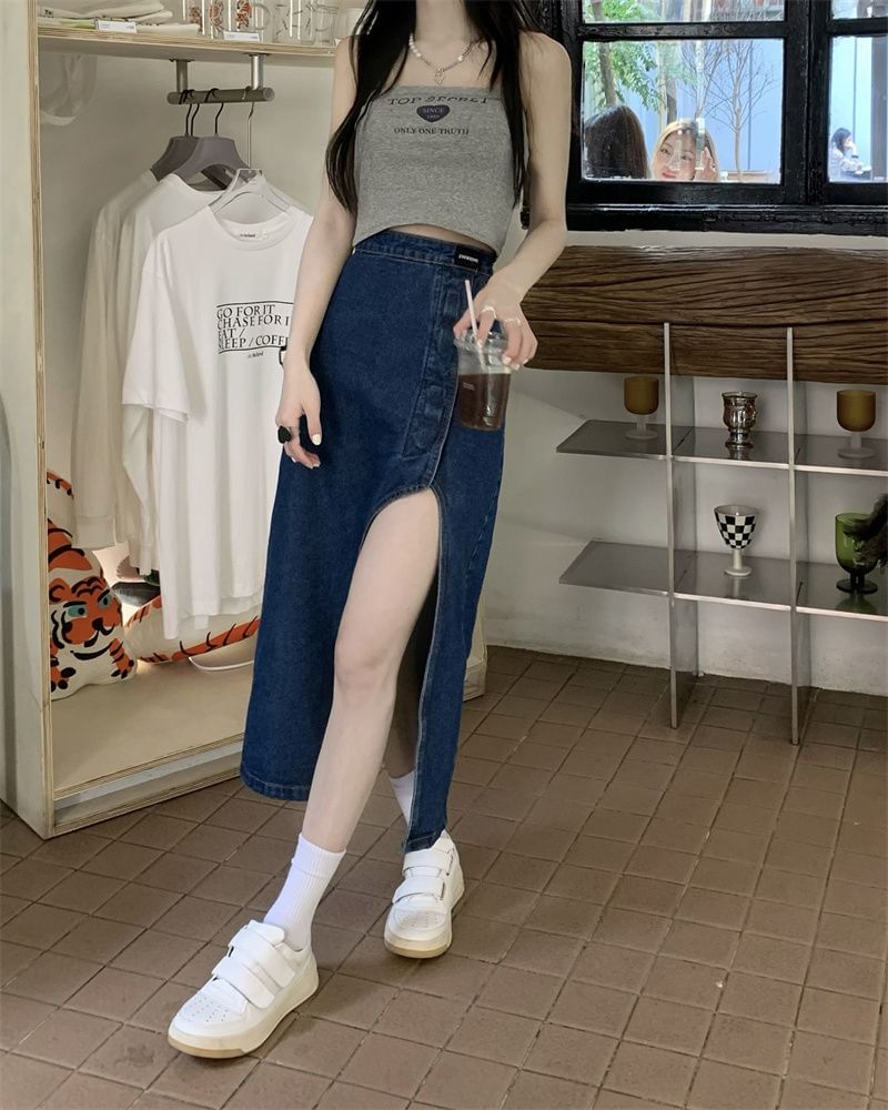 Rise Skirt Washed Denim Midi Asymmetrical High Pencil