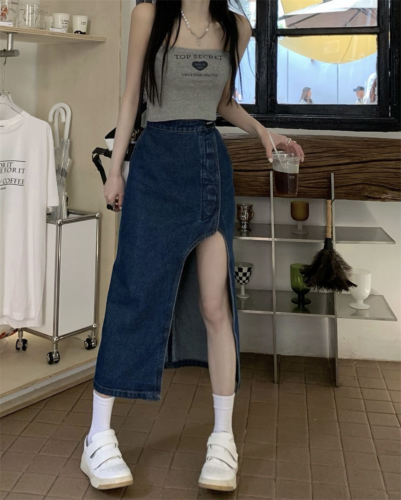 Rise Skirt Washed Denim Midi Asymmetrical High Pencil