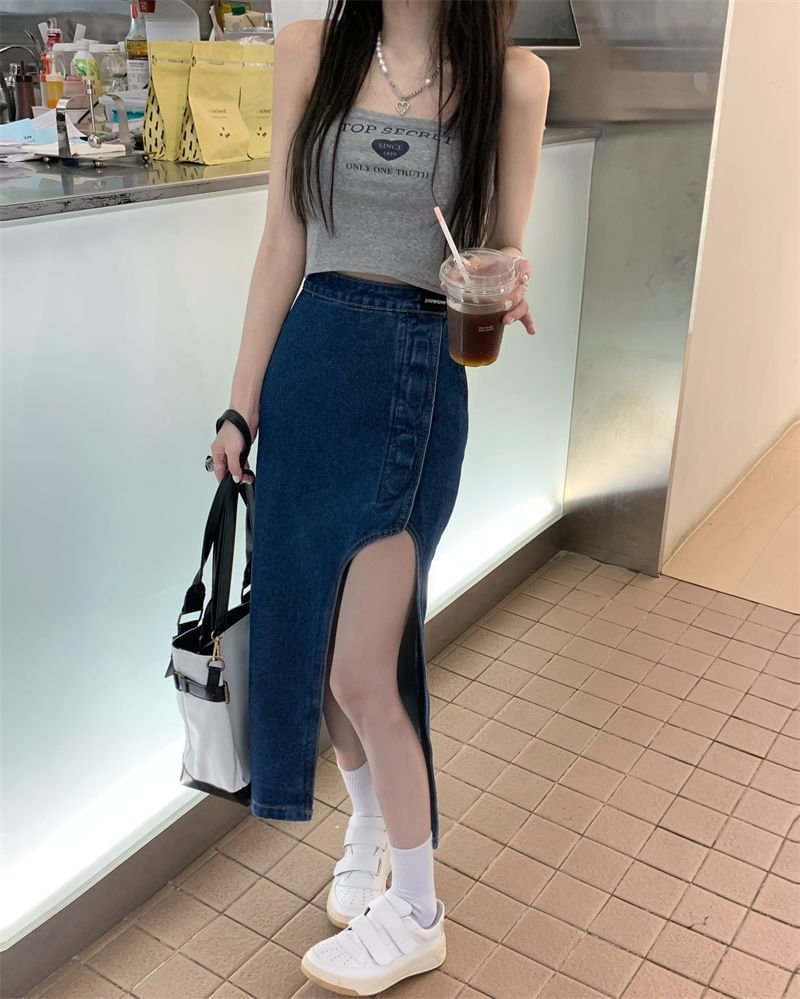 Rise Skirt Washed Denim Midi Asymmetrical High Pencil