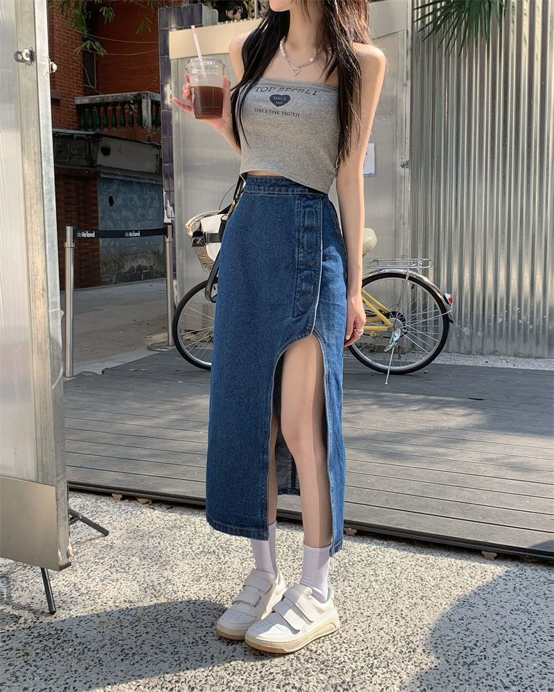 Rise Skirt Washed Denim Midi Asymmetrical High Pencil