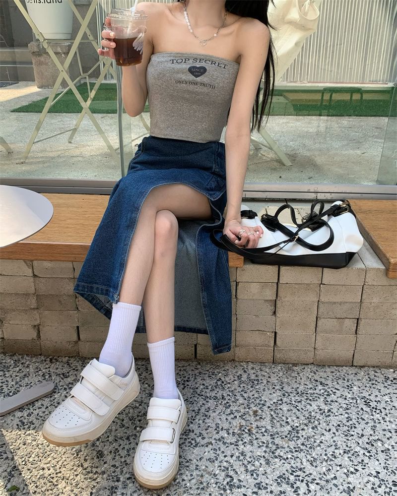 Rise Skirt Washed Denim Midi Asymmetrical High Pencil