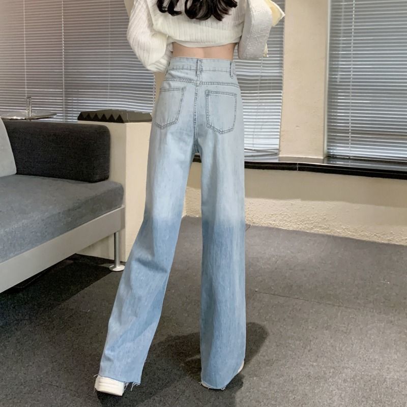 Washed Jeans High Leg Waist Gradient Wide Distressed