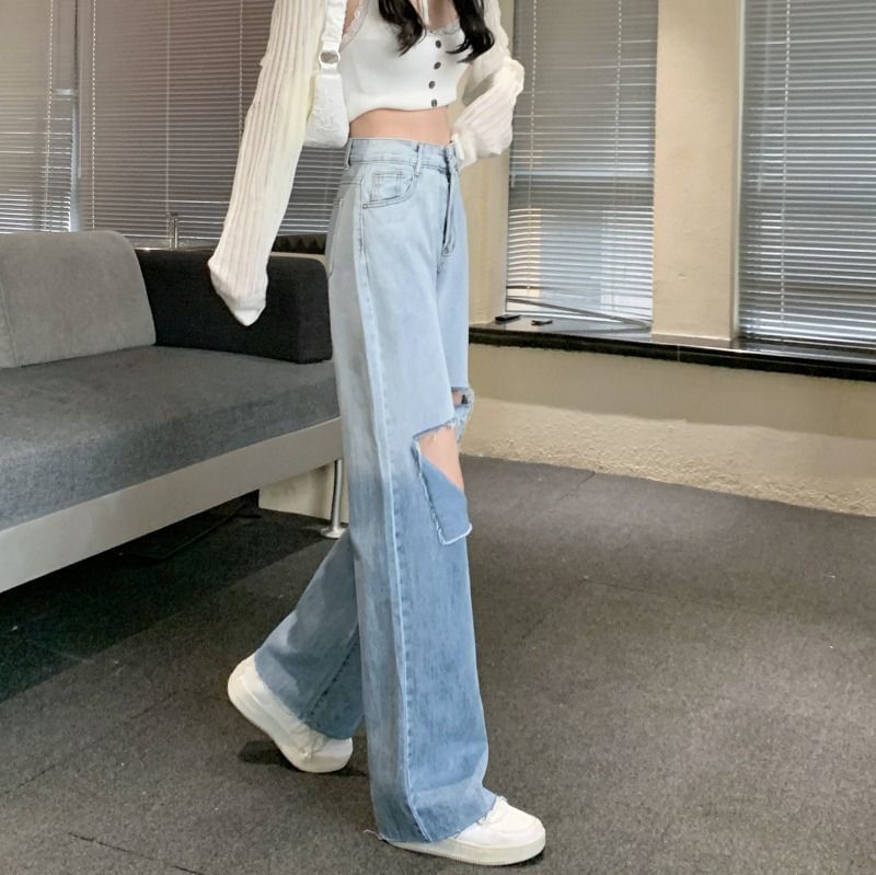 Washed Jeans High Leg Waist Gradient Wide Distressed
