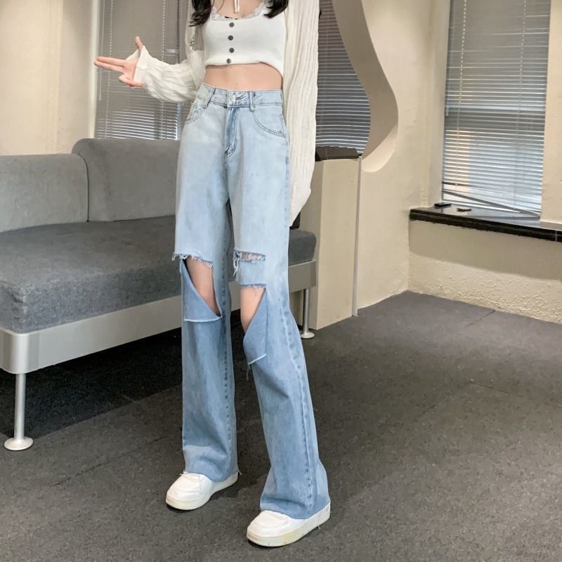 Washed Jeans High Leg Waist Gradient Wide Distressed