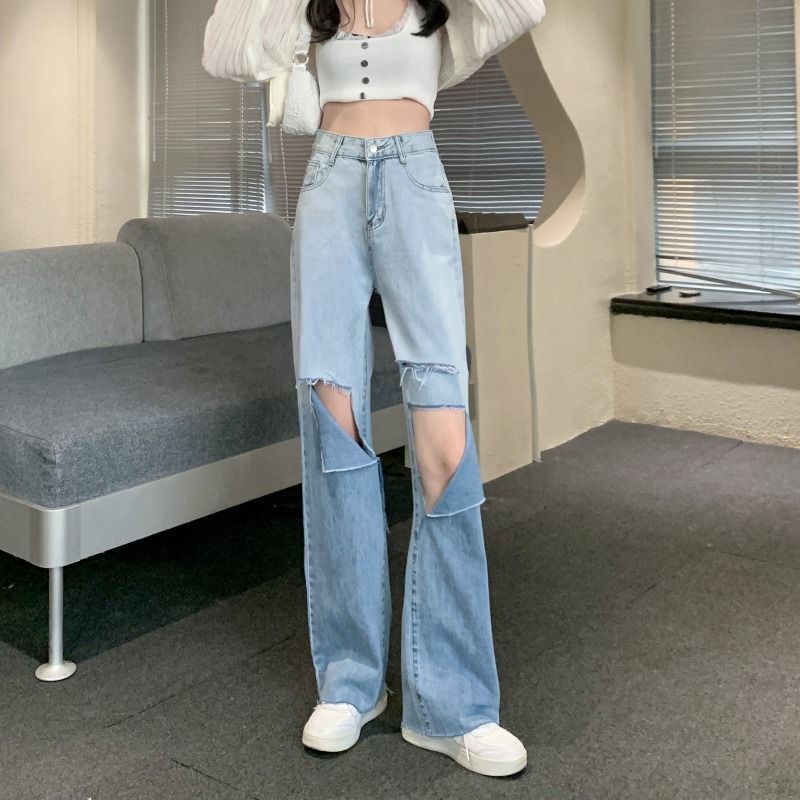 Washed Jeans High Leg Waist Gradient Wide Distressed