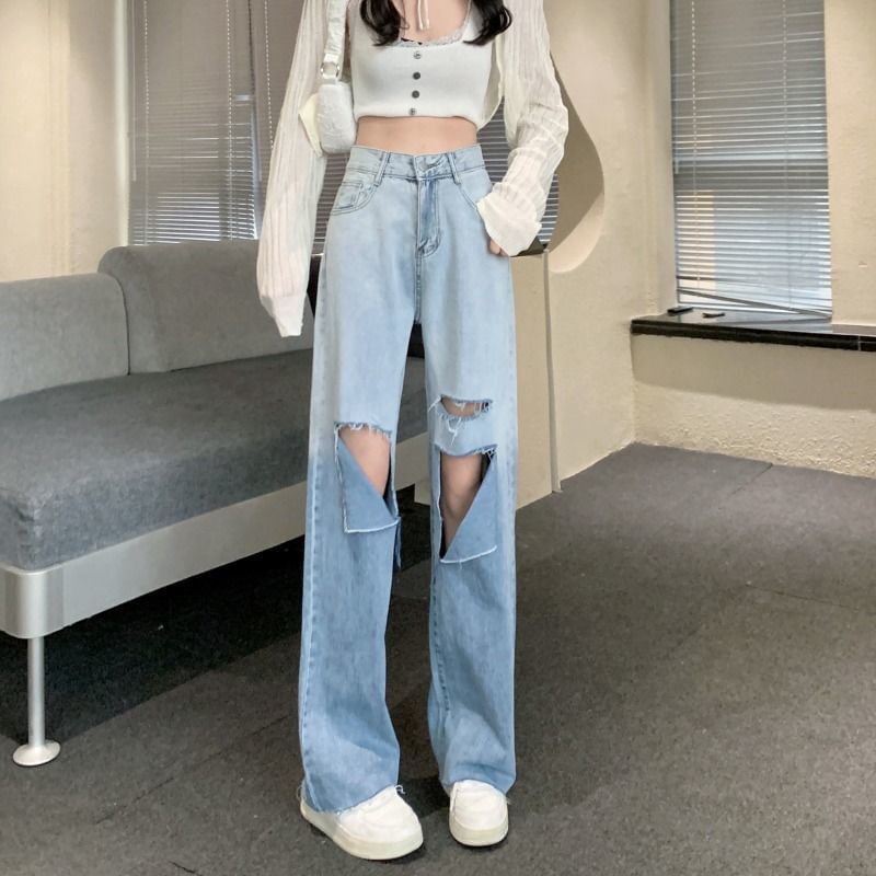Washed Jeans High Leg Waist Gradient Wide Distressed