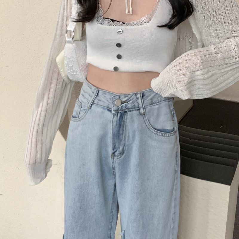Washed Jeans High Leg Waist Gradient Wide Distressed