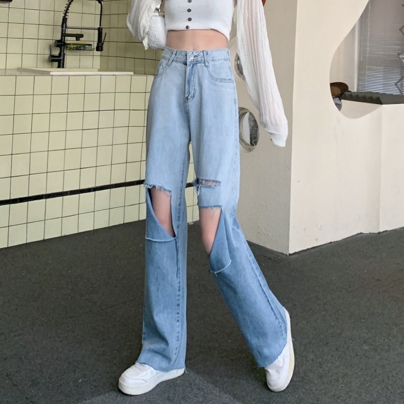 Washed Jeans High Leg Waist Gradient Wide Distressed