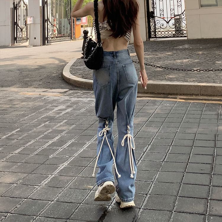 Rise Flared Up Washed Jeans High Lace