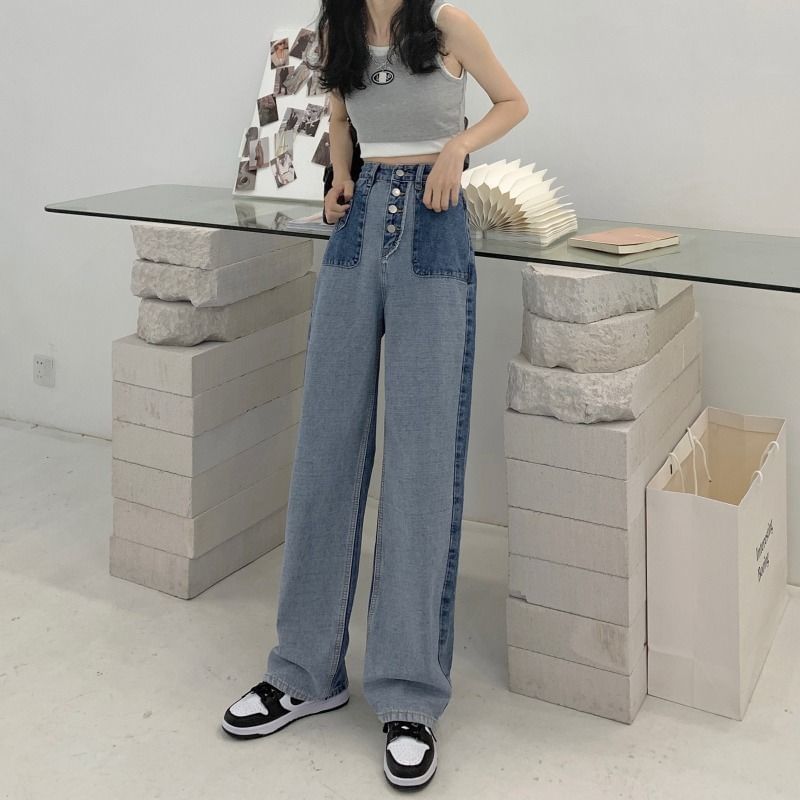 Waist High Wide Washed Panel Leg Jeans