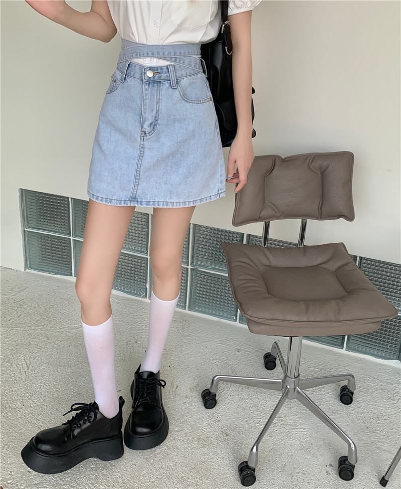 Rise Washed Back Denim Tie High Mini A-Line Skirt