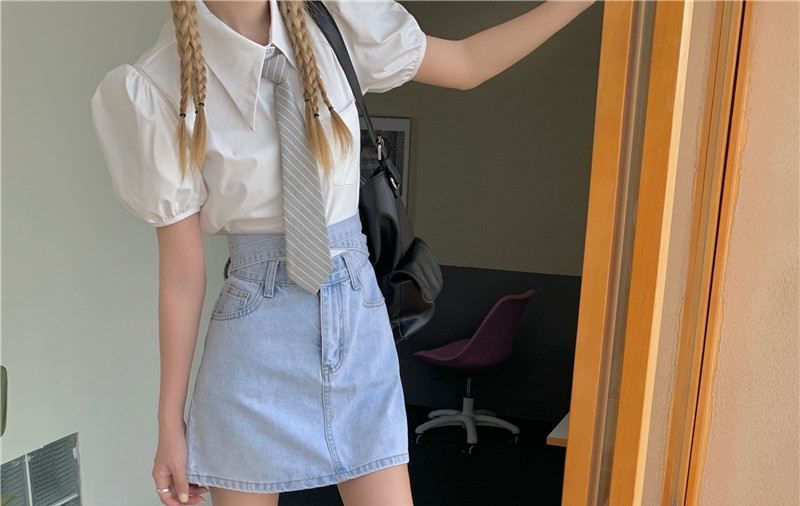 Rise Washed Back Denim Tie High Mini A-Line Skirt