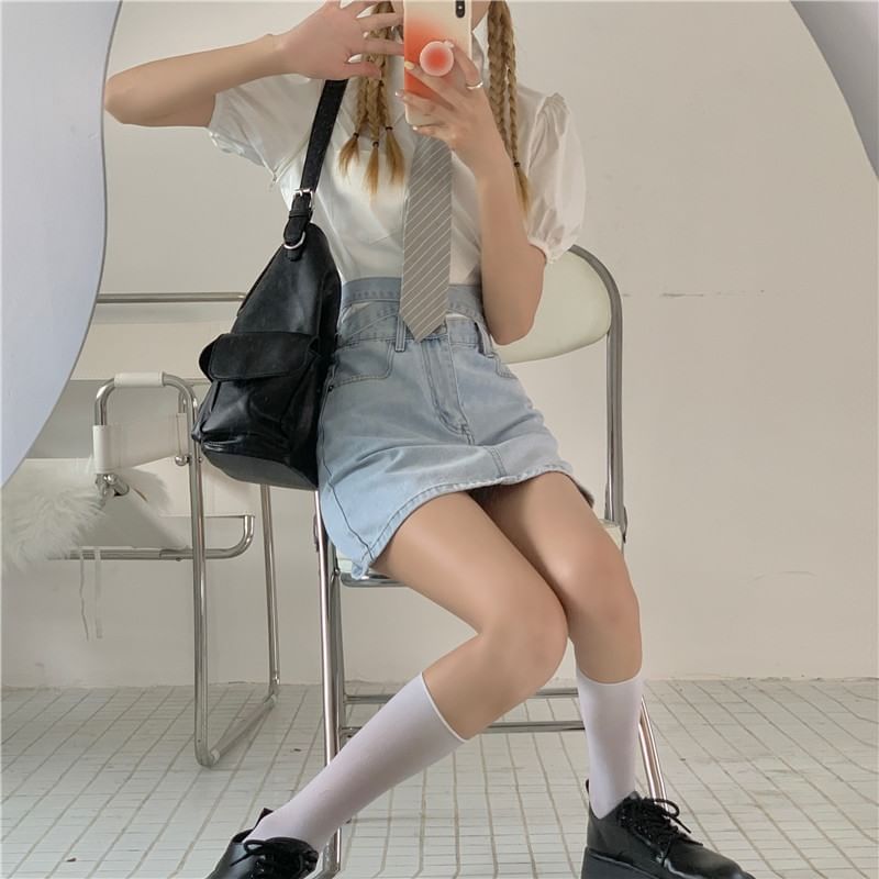 Rise Washed Back Denim Tie High Mini A-Line Skirt