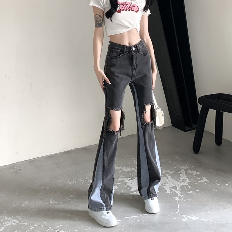 Distressed Waist Jeans Washed Flared High Panel