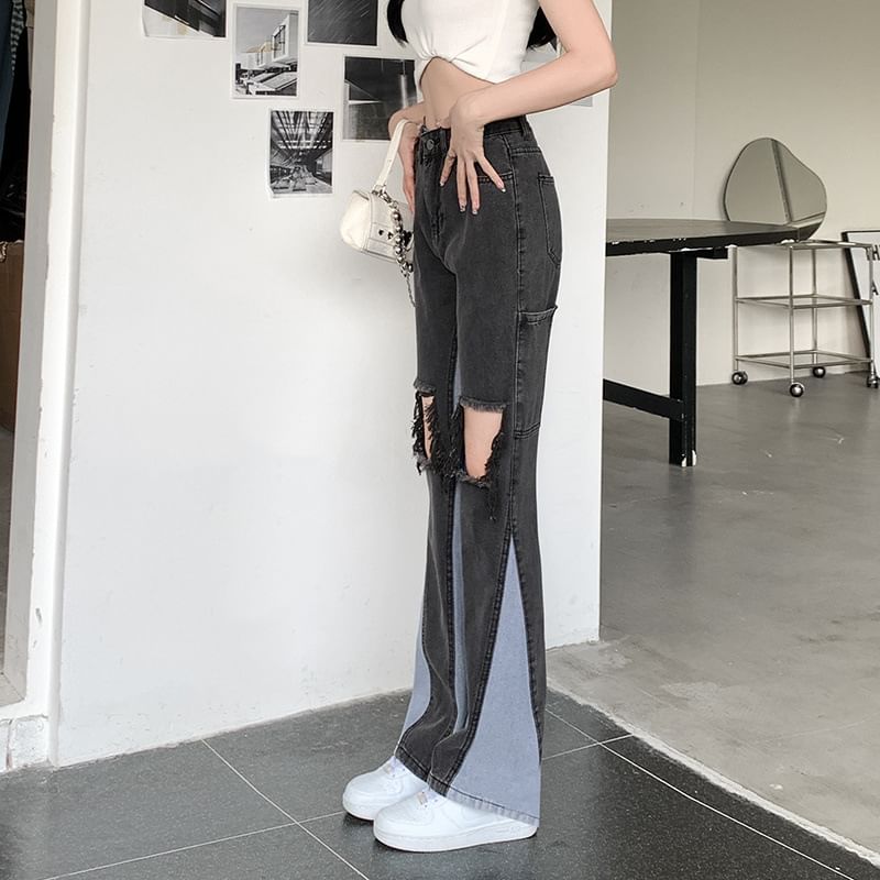 Distressed Waist Jeans Washed Flared High Panel