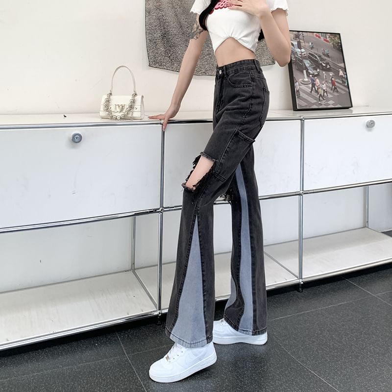 Distressed Waist Jeans Washed Flared High Panel