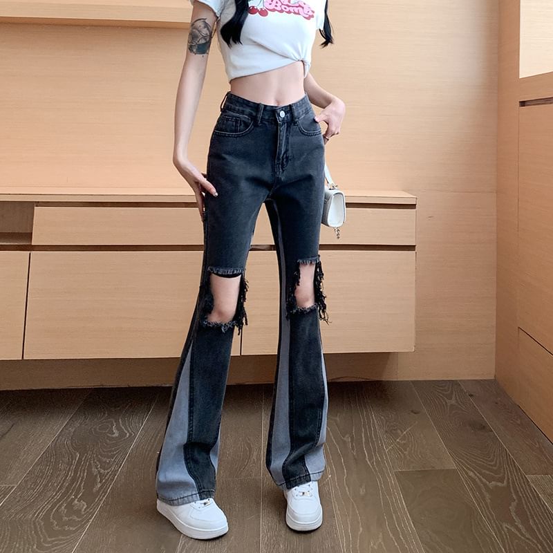 Distressed Waist Jeans Washed Flared High Panel