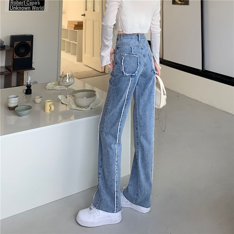 Wide Fray Panel Jeans Washed Leg Rise High
