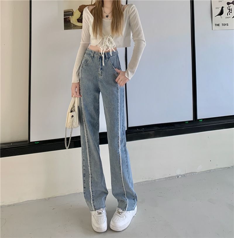 Wide Fray Panel Jeans Washed Leg Rise High