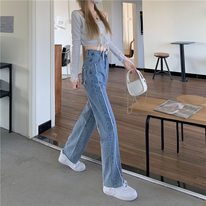 Wide Fray Panel Jeans Washed Leg Rise High