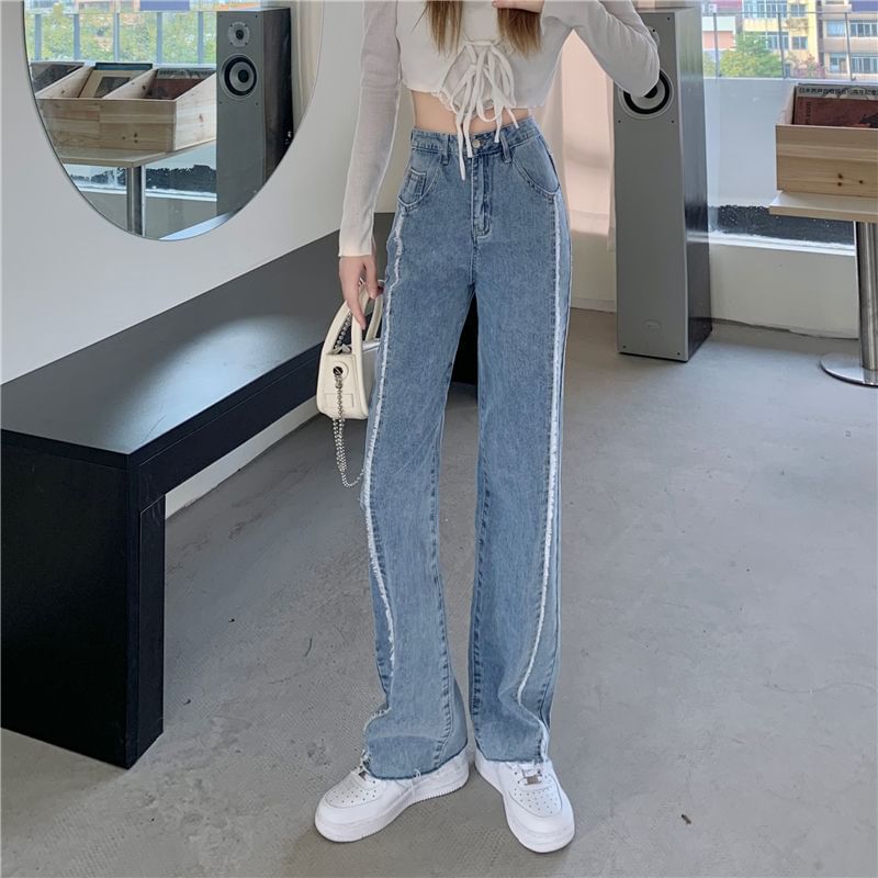 Wide Fray Panel Jeans Washed Leg Rise High