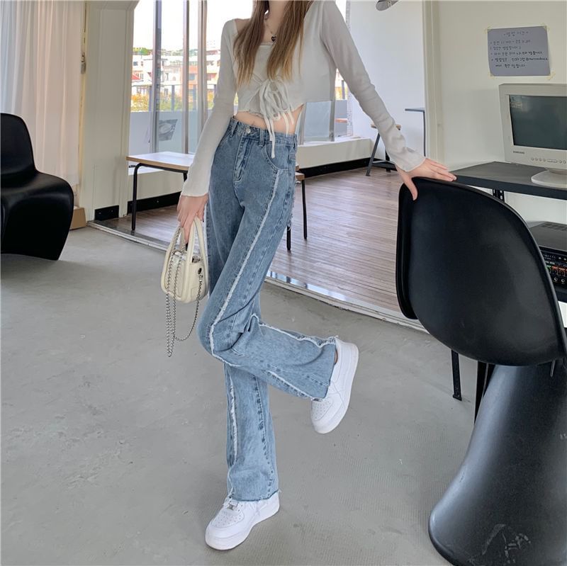 Wide Fray Panel Jeans Washed Leg Rise High
