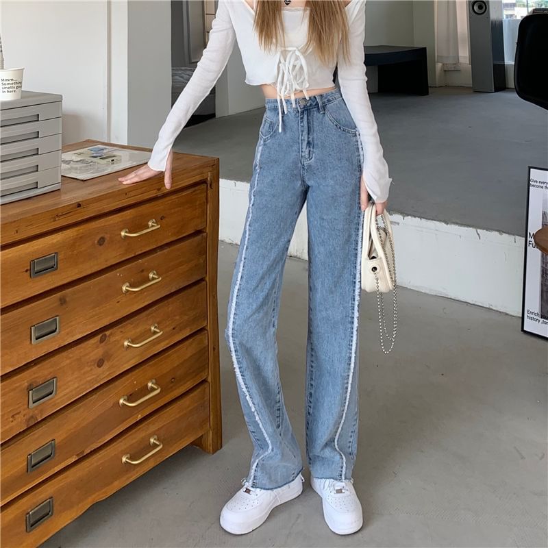 Wide Fray Panel Jeans Washed Leg Rise High