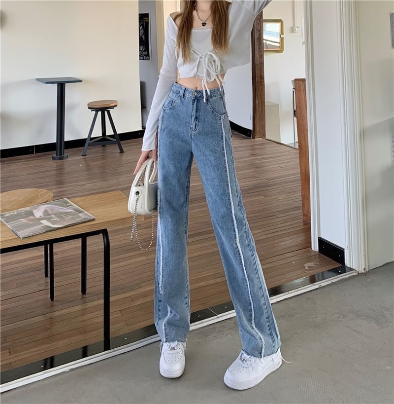 Wide Fray Panel Jeans Washed Leg Rise High