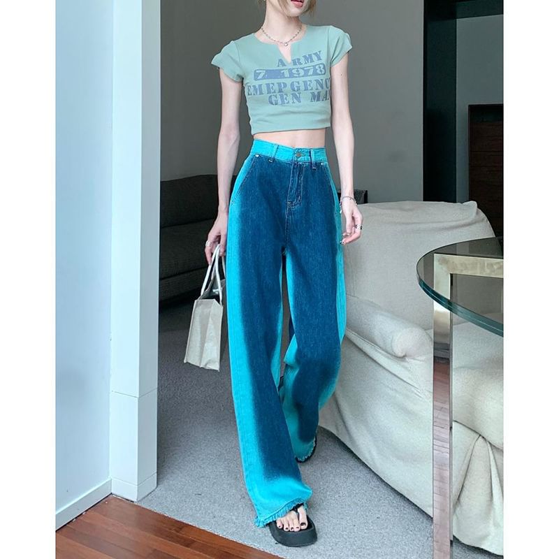 Jeans Rise High Washed Leg Wide Fray