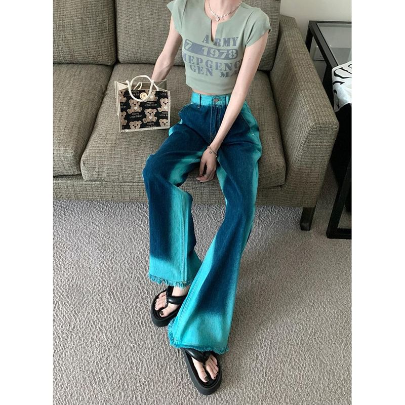 Jeans Rise High Washed Leg Wide Fray