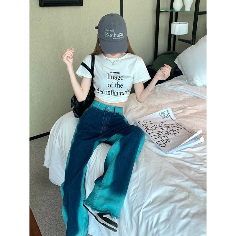 Jeans Rise High Washed Leg Wide Fray