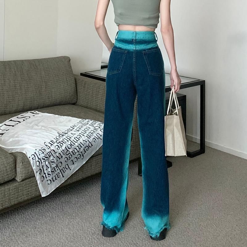 Jeans Rise High Washed Leg Wide Fray