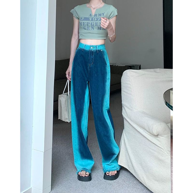 Jeans Rise High Washed Leg Wide Fray