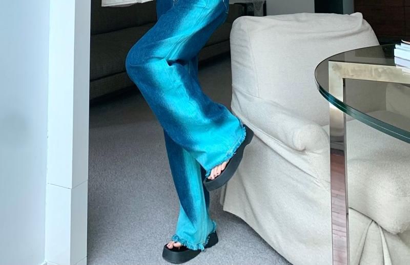 Jeans Rise High Washed Leg Wide Fray