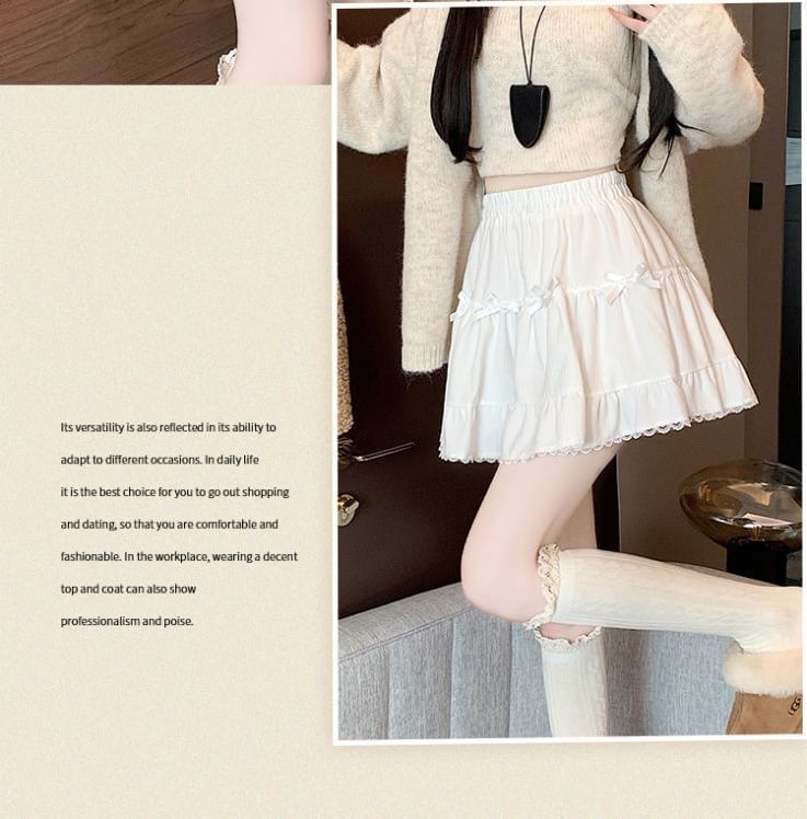 Skirt Bow Waist A-Line Ruffle Mini Plain Elastic